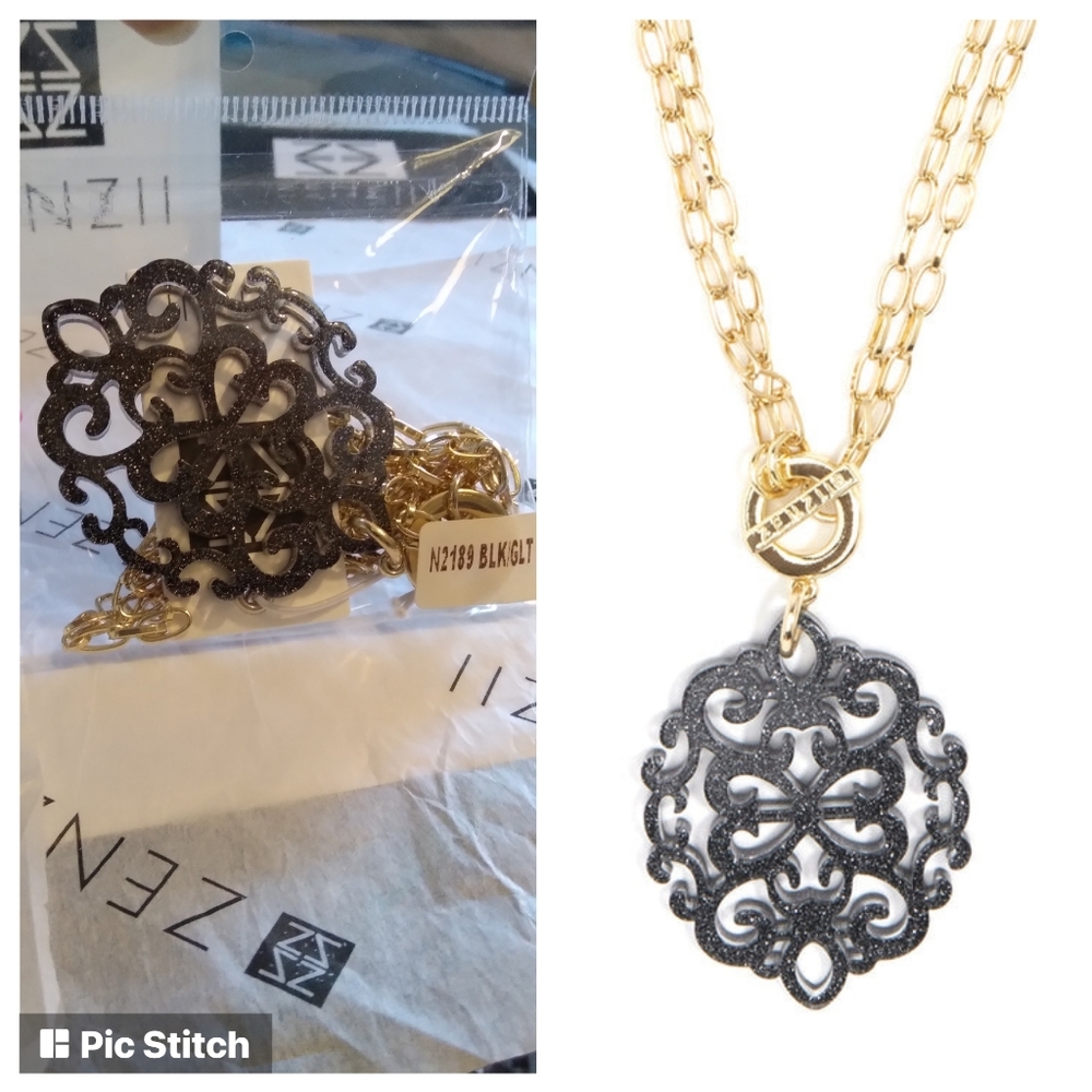 NWT ZENZII Black Glitter Damask Resin Pendant Necklace, 18K Gold Chain 36" L